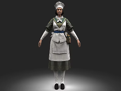 Game Film Character In Classic Maid Uniform With Apron Hat And Green Accents 3d model