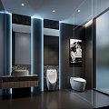 Modern Public Restroom Interior With Marble Counter LED Lighting And Sanitary Fixtures