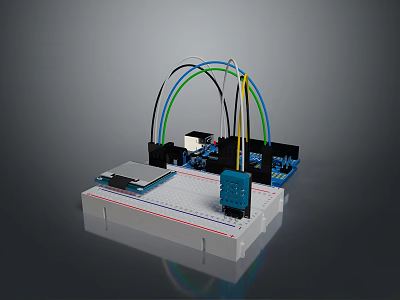 Computer Circuit Board On White Base With Colorful Wires Blue Module And Components 3d model