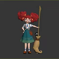 Game Movie Character With Red Curly Hair In Blue Dress Holding Broom And Black Pet
