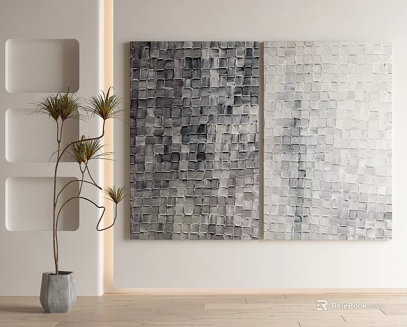 Large Abstract Wall Art With Gray Black White Gradient Squares And Side Plant 3d model 