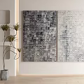 Large Abstract Wall Art With Gray Black White Gradient Squares And Side Plant 3d model