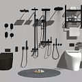 Modern Bathroom Set With Toilet Shower Fixtures Shelves Towel Toiletries Slippers And Mat