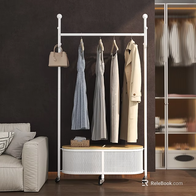 White Clothes Rack With Hanging Dresses Coat And Handbag In Living Room Interior 3d model 