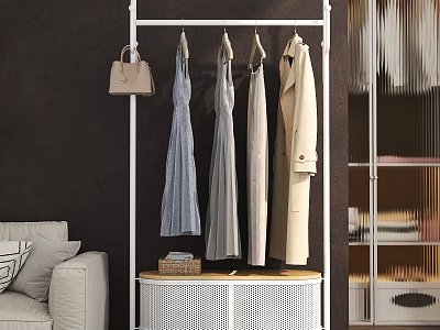 White Clothes Rack With Hanging Dresses Coat And Handbag In Living Room Interior 3d model