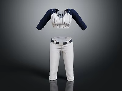 Baseball Style Blue And White Striped Sleeved Top With White Belted Pants 3d model