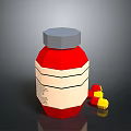 Red and White Food Condiment Bottle with Yellow and Red Ingredients on Black Table