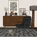 Wooden Console Cabinet with Black Leather Chair Decorative Items Floor Lamp Artwork and Rug