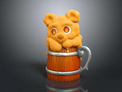 Wine Bottle Glass Decorated With Cute Orange Bear On Wooden Barrel With Metal Handle 3d model
