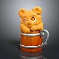 Wine Bottle Glass Decorated With Cute Orange Bear On Wooden Barrel With Metal Handle