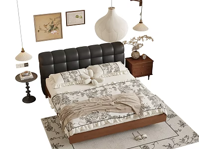 Elegant Double Bed with Black Leather Headboard Floral Bedding Nightstand Area Rug and Wall Art 3d model