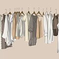 Elegant Minimalist Clothes in Beige White Gray Hanging on Wooden Hangers