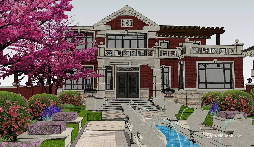 Elegant Red Brick Detached Villa With Porch Fountain And Pink Blossom Tree 3d model 