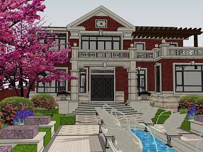 Elegant Red Brick Detached Villa With Porch Fountain And Pink Blossom Tree 3d model