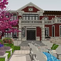 Elegant Red Brick Detached Villa With Porch Fountain And Pink Blossom Tree