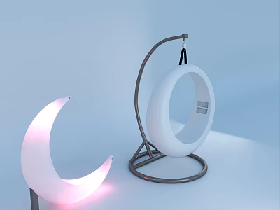 Modern Hanging Lounge Chair with White Circular Design Metal Stand and Crescent Light 3d model
