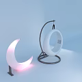 Modern Hanging Lounge Chair with White Circular Design Metal Stand and Crescent Light
