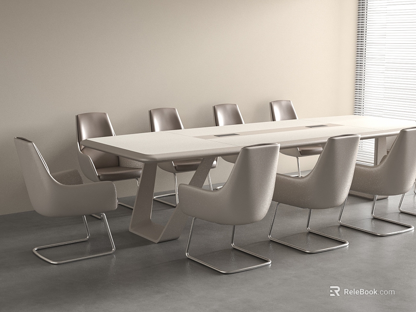 Modern Conference Table With White Tabletop And Metal Frame Surrounded By Light Gray Chairs 3d model 