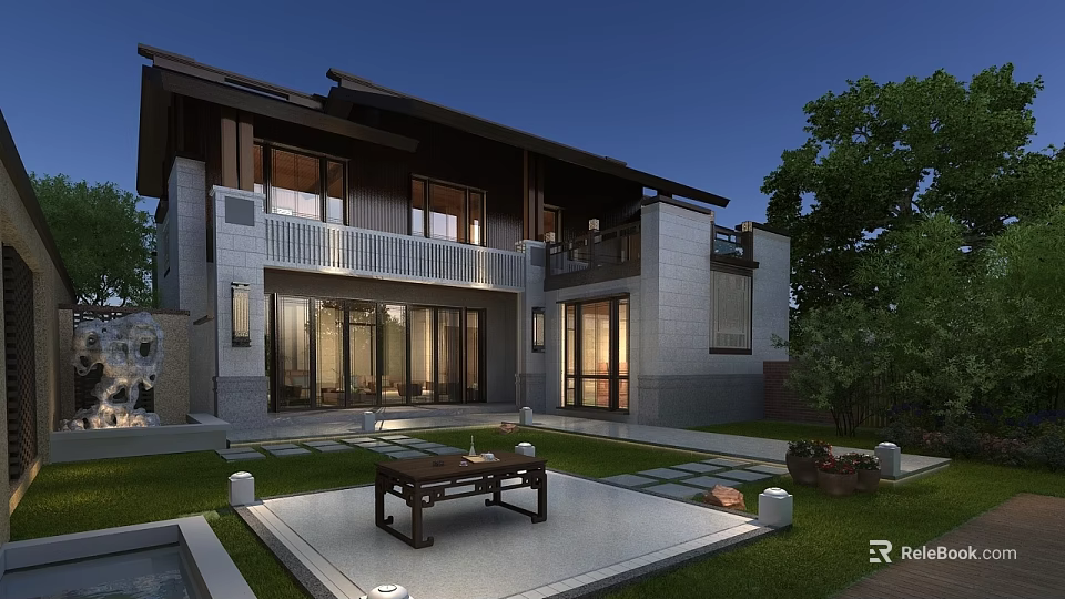 Modern Detached Villa Exterior With Large Glass Doors Courtyard Lawn Stone Path And Wooden Bench 3d model 