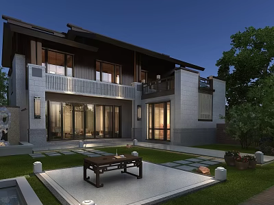 Modern Detached Villa Exterior With Large Glass Doors Courtyard Lawn Stone Path And Wooden Bench 3d model