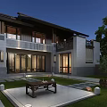 Modern Detached Villa Exterior With Large Glass Doors Courtyard Lawn Stone Path And Wooden Bench