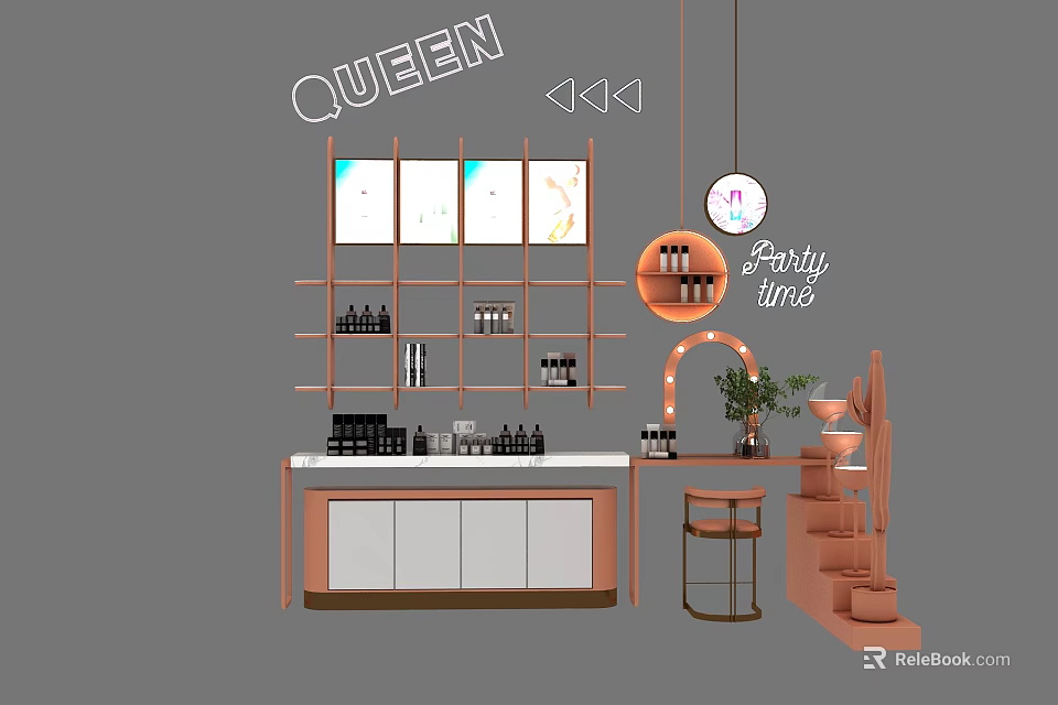 Stylish Queen Party Time Display Shelves with Cosmetics Bottles and Decorative Plants 3d model 