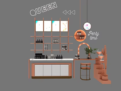 Stylish Queen Party Time Display Shelves with Cosmetics Bottles and Decorative Plants 3d model