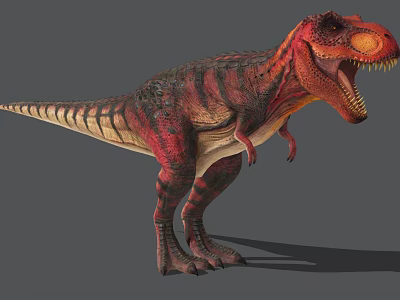 Vibrant Red Black Striped Tyrannosaurus Rex Reptile Standing With Open Mouth Sharp Teeth 3d model