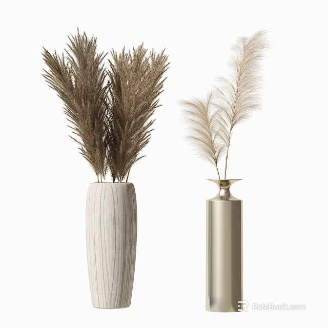 White Textured and Gold Sleek Vases with Dried Reed Like Feathery Flowers 3d model 