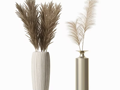 White Textured and Gold Sleek Vases with Dried Reed Like Feathery Flowers 3d model