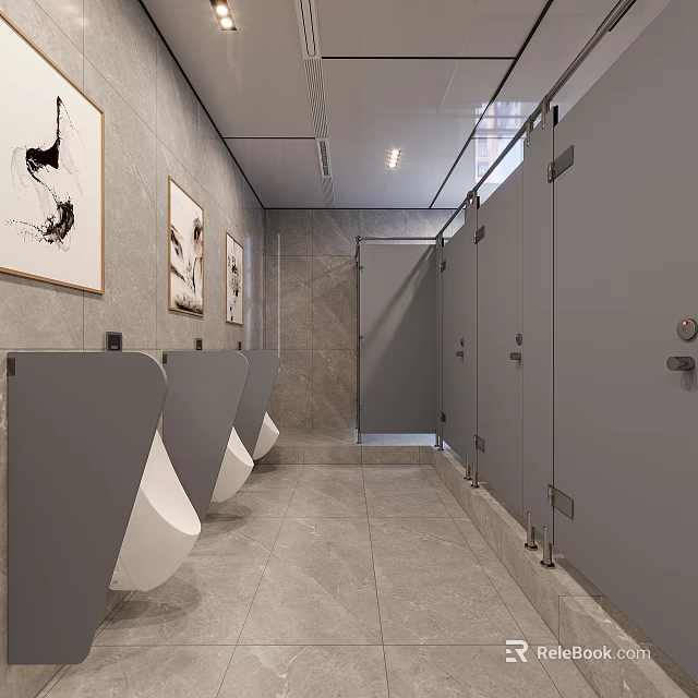Modern Minimalist Public Toilet Interior With Marble Tiles Urinals Partition Stalls And Elegant Wall Art 3d model 