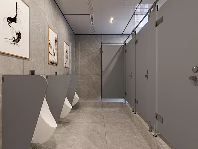 Modern Minimalist Public Toilet Interior With Marble Tiles Urinals Partition Stalls And Elegant Wall Art 3d model