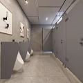 Modern Minimalist Public Toilet Interior With Marble Tiles Urinals Partition Stalls And Elegant Wall Art