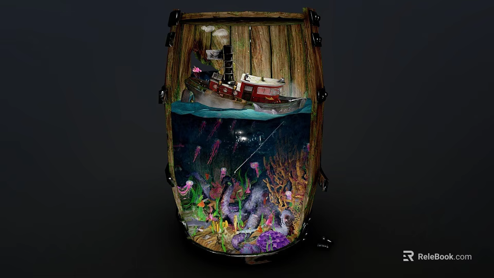 Drum Shaped Decorative Container With Red Boat Underwater Scene Corals Seaweed Purple Pink Plants 3d model 