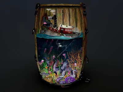 Drum Shaped Decorative Container With Red Boat Underwater Scene Corals Seaweed Purple Pink Plants 3d model