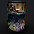 Drum Shaped Decorative Container With Red Boat Underwater Scene Corals Seaweed Purple Pink Plants