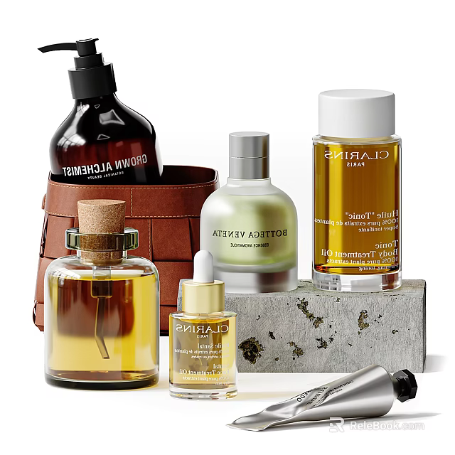 Daily Washing And Care Products With Glass Bottles And Liquid Solutions 3d model 