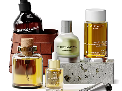 Daily Washing And Care Products With Glass Bottles And Liquid Solutions 3d model