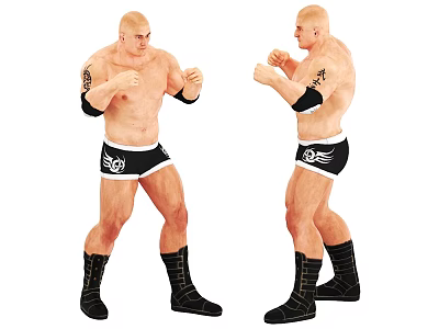 Shirtless Muscular Man In Fighting Stance With Tattoos Wristbands Black Shorts And Boots 3d model