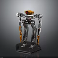 Orange And White Humanoid Robot With Red Eye Sensor Mechanical Limbs Standing On Display Platform