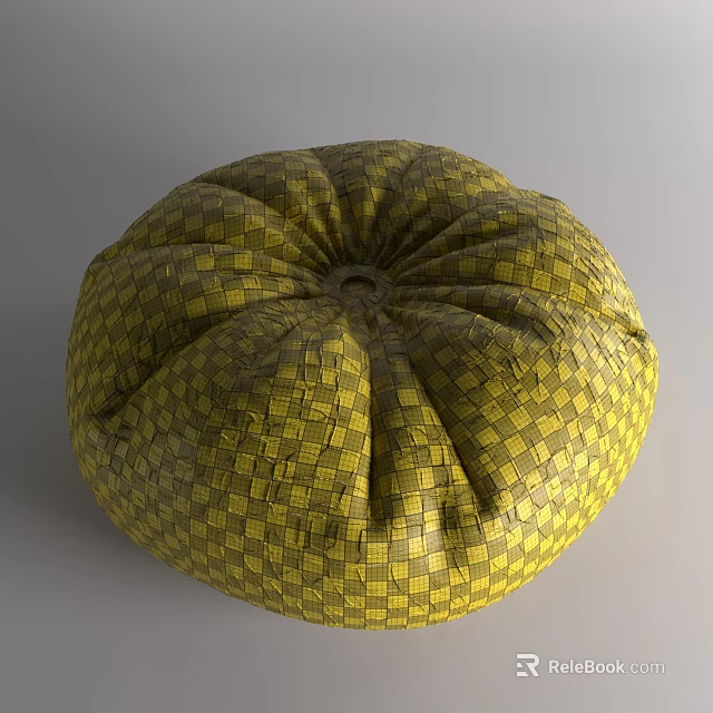 Round Decorative Pillow With Yellow And Brown Checkered Pattern And Pleated Design 3d model 