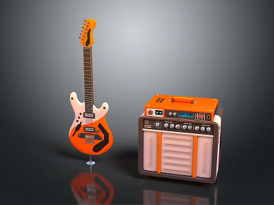 Orange Electric Guitar And Amplifier Musical Equipment With Modern Design Features 3d model