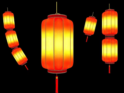Vibrant Orange And Yellow Chinese Lanterns Hanging On Black Background In Various Arrangements 3d model