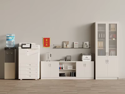 White Office Storage Cabinet Rack With Printer Water Dispenser Documents And Books 3d model