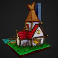 Cartoon House with Red Pointed Roof Chimney Wooden Dock Small Boat Pond and Green Grass