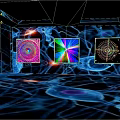 Deep Blue Cosmic Background With Radiant Spiral Patterns And Circuit Board Floor For Space Technology