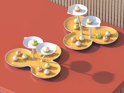 Colorful Small Desserts On Multi Tiered Yellow Trays Over Red Table 3d model