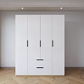 White Wardrobe With Three Doors Two Drawers And Black Handles On Wooden Floor