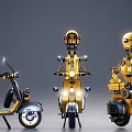 Intelligent Machine Robot Riding Yellow Scooter With Helmet And Headlights