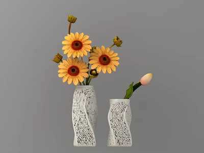 Pair of White Textured Wave Design Vases With Yellow Sunflowers And Tulip Bud 3d model